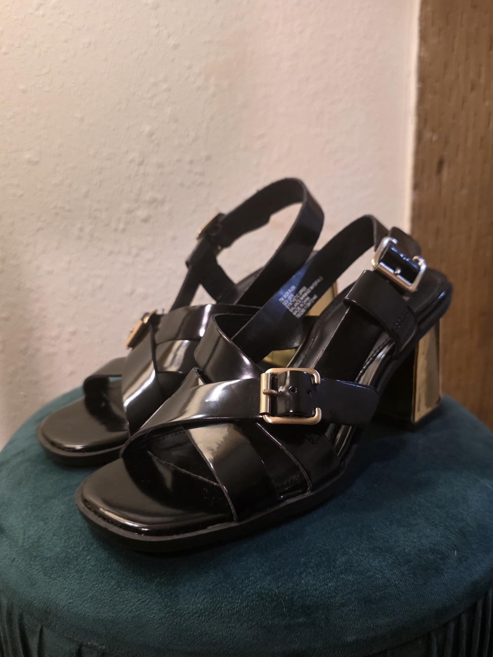 Worthington Black Patent Leather Block Heel Sandals with Gold Buckle Accent